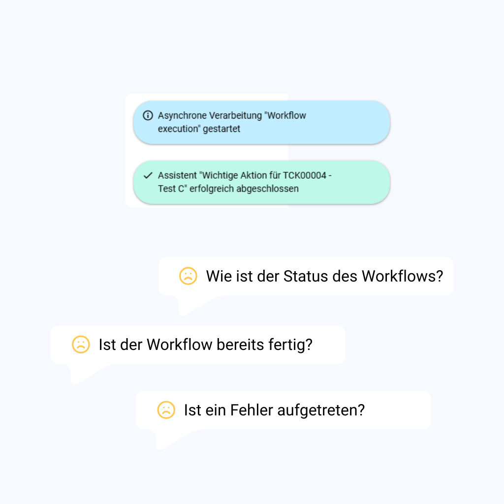 Eine Person schließt einen Wizard in Matrix42 ab und erhält nur die Meldung, dass die Verarbeitung gestartet wurde. Es fehlt eine klare Anzeige zum Workflow-Status, ob dieser abgeschlossen ist oder Fehler aufgetreten sind.