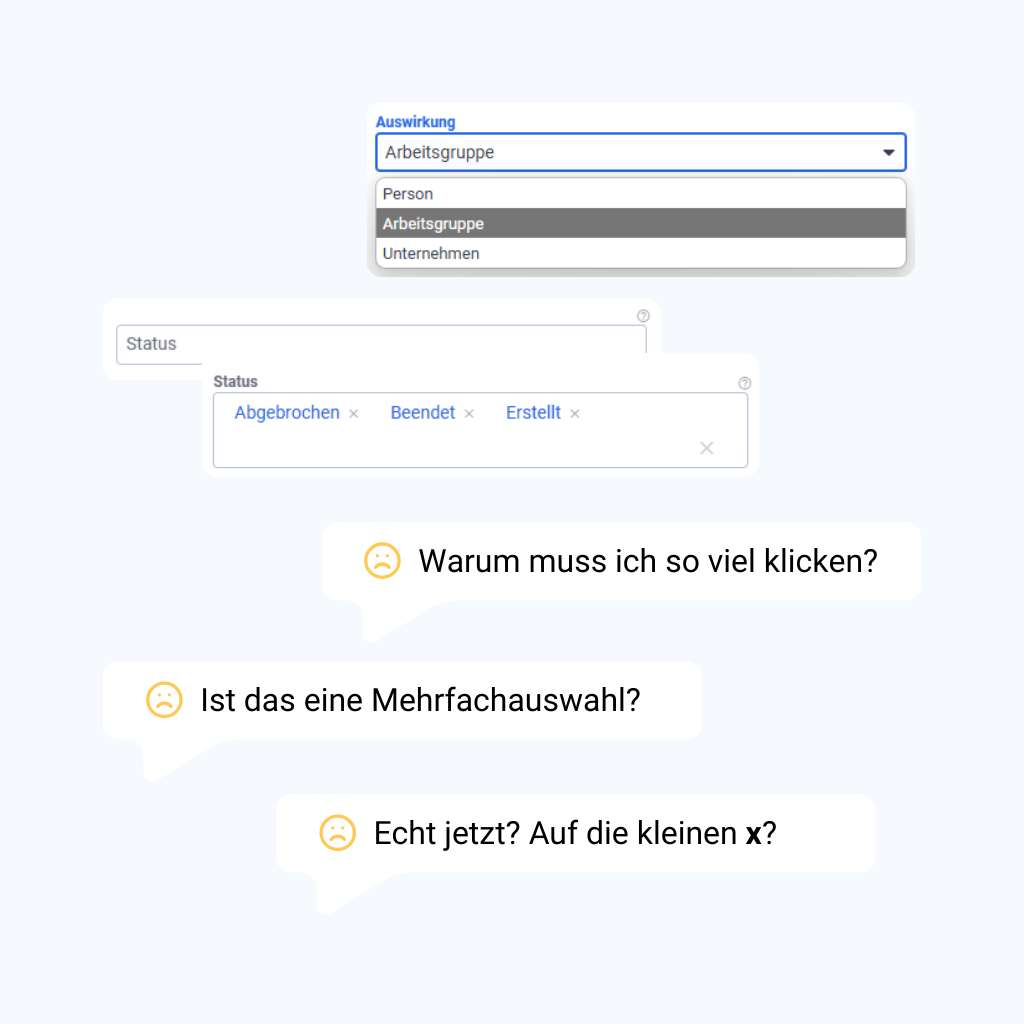 Matrix42 Dropdown-Auswahl mit Frustrationspunkten: viele Klicks, versteckte Optionen, unklare Mehrfachauswahl