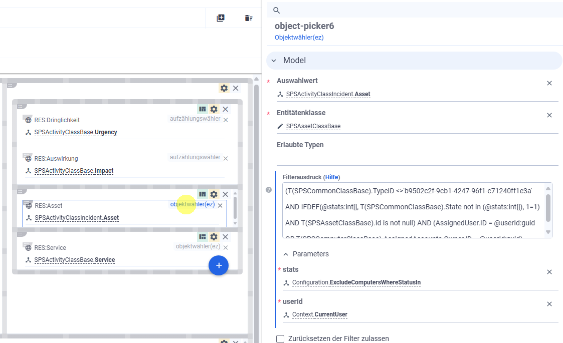 Screenshot: Eigenschaften des klassischen Matrix42-Objektwählers. Auswahlwert „Asset“, Entitätenklasse „SPSAssetClassBase“, ASQL-Filter sichtbar.