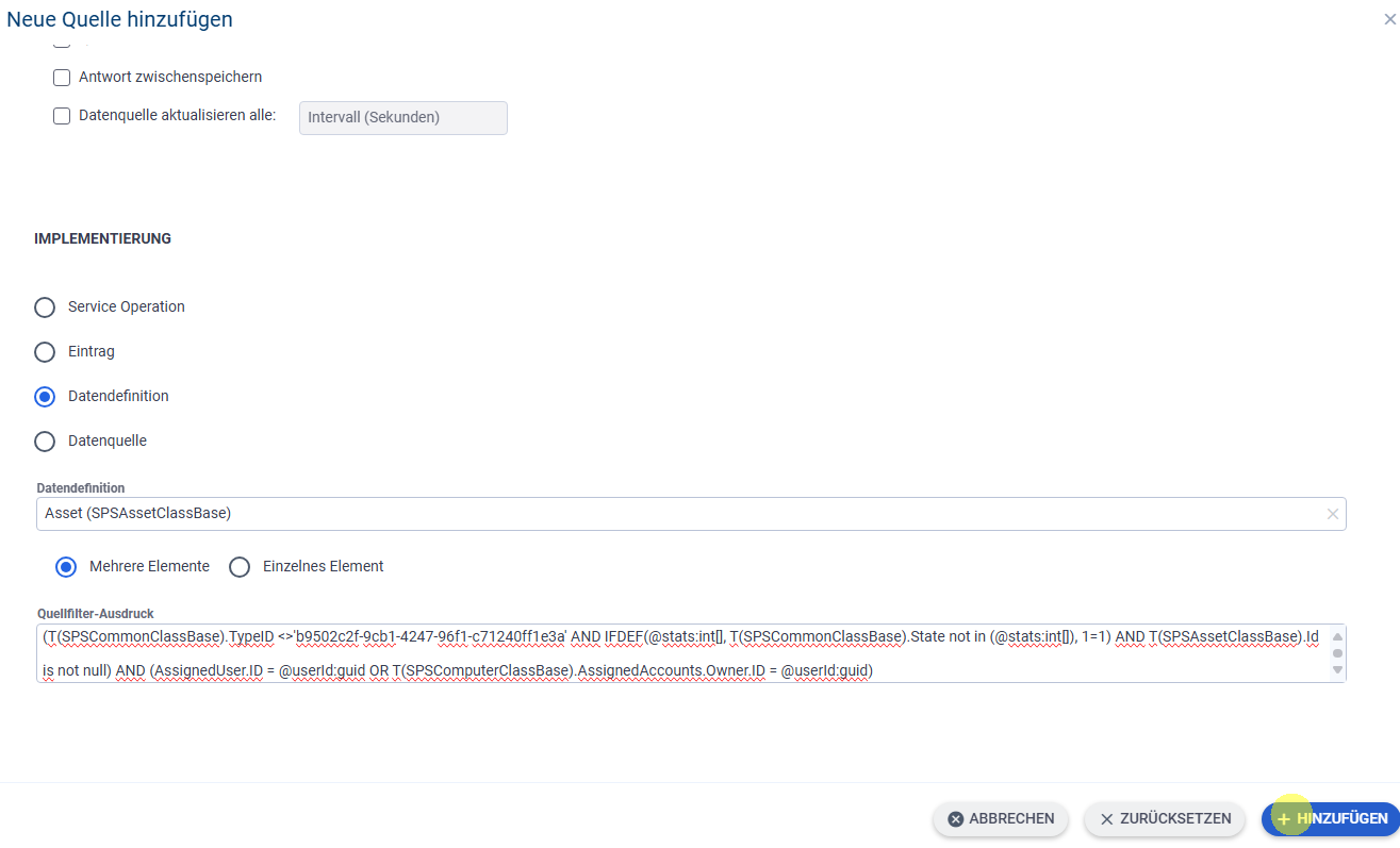 Matrix42-Dialog „Neue Quelle hinzufügen“ zeigt Datendefinition Asset und den eingefügten ASQL-Filter.