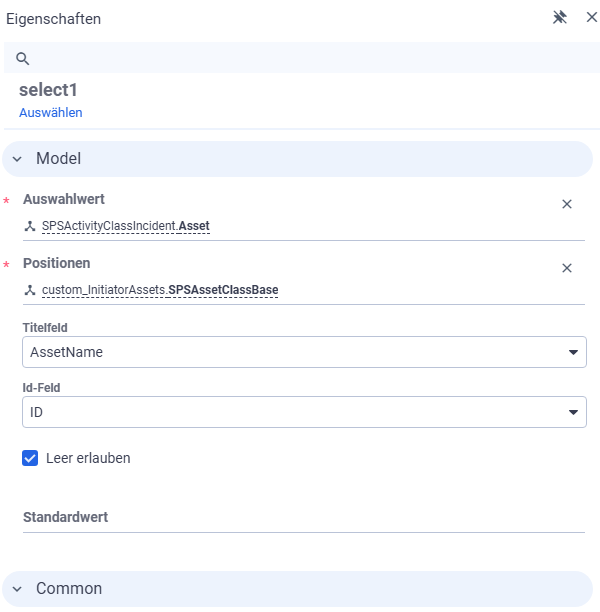 Eigenschaften des neuen mx-select-Controls mit Datenquelle, Titel- und ID-Feld.